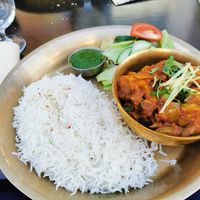 Vegan Alu Bhindi Masala & Alu Gobi combined at Ravintola Siddhartha in Haemeenlinna