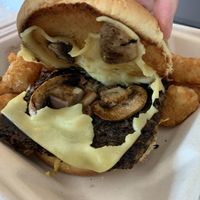 Vegan Wild Rice Burger with sautéed mushrooms  at The Grumpy Goose in Duluth