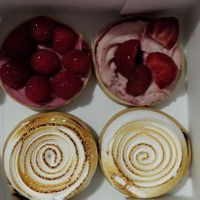 Raspberry, strawberry and lemon tarts at Vegateau in Montreal