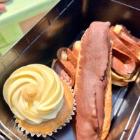 Lemon cupcake, chocolate eclair and chocolate-pear tarts at Vegateau in Montreal