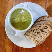 Leek soup with bread at Penicuik Storehouse in Penicuik