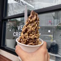 Chocolate hazelnut soft serve with the candy bar sundae toppings  at Vaca's Creamery in Chicago