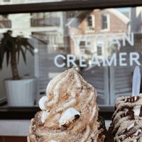 Vegan oat milk ice cream cone with toasted marshmallows, peanut butter sauce & cookie crumble 🍪  at Vaca's Creamery in Chicago