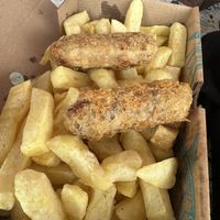 Vegan battered sausages and chips  at Beach Buoys in Margate