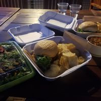 Southwestern salad, Power Plant burgers made vegan, vegan chili, kettle chips at Yavapai Tavern in Grand Canyon Village