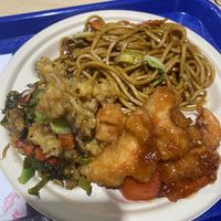 Chow mein with salt and pepper ‘calimari’ (mushrooms) and sweet and sour shrimp (guessing that’s made with soy) at Veggie Village in Chandler