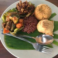 Red rice (small), ratatouille, tempeh manis, potato samossa & tofu farafel Bali - 42K at Warung Sopa - Jl Sugriwa in Ubud