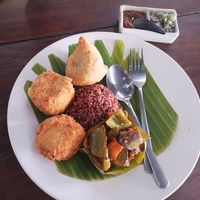 Red rice (small), ratatouille, crispy tofu miso cube (2 pcs.) & potato samossa - 33K at Warung Sopa - Jl Sugriwa in Ubud