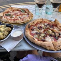 The one with all the seasons pizza for me (olives, artichoke, mushies and beets); cheesy potatoes and a margarita with smoked mozzarella *gasps* for my partner. at Purezza in Manchester