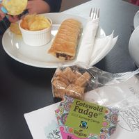 Vegan fudge and sausage roll at Hugh Street Cafe in Isle Of Scilly