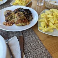 Stuffed peppers and aubergine with french fries   at Eni Traditional Food in Berat