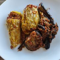 Stuffed peppers and aubergine at Eni Traditional Food in Berat
