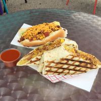 chili dog and frito burrito  at The Vegan Yacht in Austin