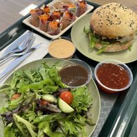 Side garden salad, rainbow rolls, the loaded vegan 2.0 burger  at Gaia's Urban Eatery in Charlottetown