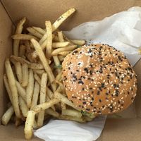 Vegan “big fig” burger, with salt & pepper friesd  at Fig Kitchen & Market in Uxbridge