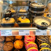 Vegan pancakes on the left and vegan rice pudding on the right  at Cofix in Moscow