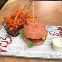 Avocado burger and sweet potato fries  at Vegan Temple Bar in Amsterdam