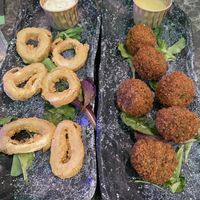 We got two dishes to share - their calamari and bitterballen. You can choose number of pieces to try    at Vegan Temple Bar in Amsterdam