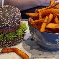 Temple burger with sweet potato fries at Vegan Temple Bar in Amsterdam