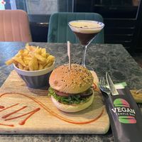 “Chicken” burger with fries   at Vegan Temple Bar in Amsterdam