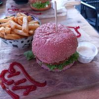 Avocado Burger with fries at Vegan Temple Bar in Amsterdam
