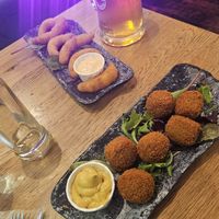 Battered shrimp and a Dutch snack (battered stew) at Vegan Temple Bar in Amsterdam