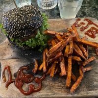 Truffel burger with sweet potato fries   at Vegan Temple Bar in Amsterdam