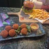 Vegan bitterballen, falafel burger +fries at Vegan Temple Bar in Amsterdam