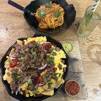 Nachos and pasta with meatballs   at Vegan Temple Bar in Amsterdam