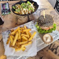 Smokey temple burger and Shawarma fries at Vegan Temple Bar in Amsterdam