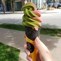 Matcha raspberry soft serve at Whisk Matcha Cafe in Vancouver