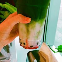 strawberry matcha bubble tea at Whisk Matcha Cafe in Vancouver