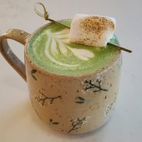 Toasted vegan marshmallow matcha latte with oat milk at Whisk Matcha Cafe in Vancouver