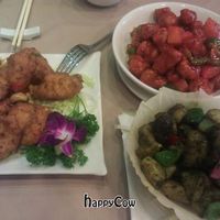 Left: Deep-Fried Bean Curd with cashew nuts; Lower right: Fried Potato with mushroom; Upper right: Deep-fried spareribs with pineapple sweet and sour at Lotus Veggie - Fuk Lo Tsun Rd in Kowloon