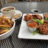 Black bean, sweet potato stew, pakoras, fries   at Laughing Seed Cafe in Asheville