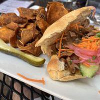 Vegan bahn mi with sweet potato chips  at Laughing Seed Cafe in Asheville