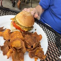 Veggie burger and chips  at Laughing Seed Cafe in Asheville