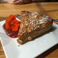 Peach almond cake at Laughing Seed Cafe in Asheville