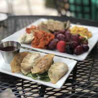 Dumplings and vegan cheese plate  at Laughing Seed Cafe in Asheville