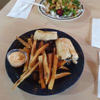 My partner's cheesesteak (ordered with mushrooms instead of beef) and my 'gingy' bowl were both huge hits. Very flavorful at Kettle Lake Kitchen in Meadville