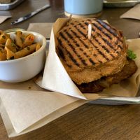 Caprese Tempeh Burger with side of Smoked Chick'n Pasta at Chef Tanya's Kitchen in Palm Desert
