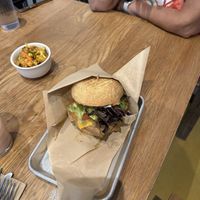 Vegan burger with potato flour bun.  Excellentt  at Chef Tanya's Kitchen in Palm Desert