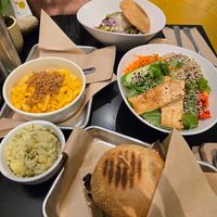 Mac and cheese, tofu salad, caprice tempeh sandwich and potato salad at Chef Tanya's Kitchen in Palm Desert