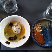 Spring roll (rulle) and dumpling soup (half eaten...) at Rau in Malmo