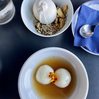 Coconut ice cream and tapioca balls with peanut butter and ginger sauce.  at Rau in Malmo