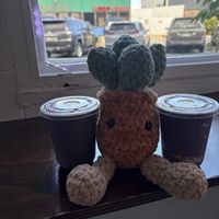 Our crocheted mascot Salem with ube Oreo shakes  at Niu Soft Serve in Honolulu