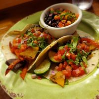 Grilled veggie tacos with rice and beans at Roosters in Mobile