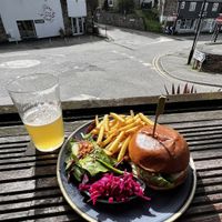 Beyond burger and Stone & Wood pacific Ale  at The Taphouse in St Agnes