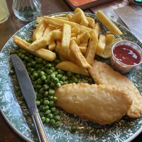 Vegan fish and chips made with soy. Choice of peas or mushy peas. Both vegan    at The Longship in Hebburn