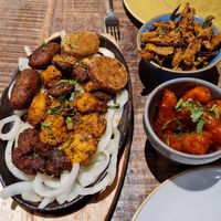 Vegan mixed grill, ocra fries and spicy yam fries at Tap & Tandoor in Peterborough